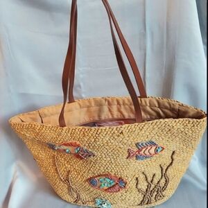 Capelli Straworld Tote Bag, Woven with Underwater Beaded Fish Scene, Natural Tan
